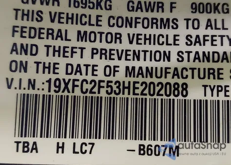 2017 Honda Civic Lx z USA, uszkodzony, nr VIN 19XFC2F53HE202088